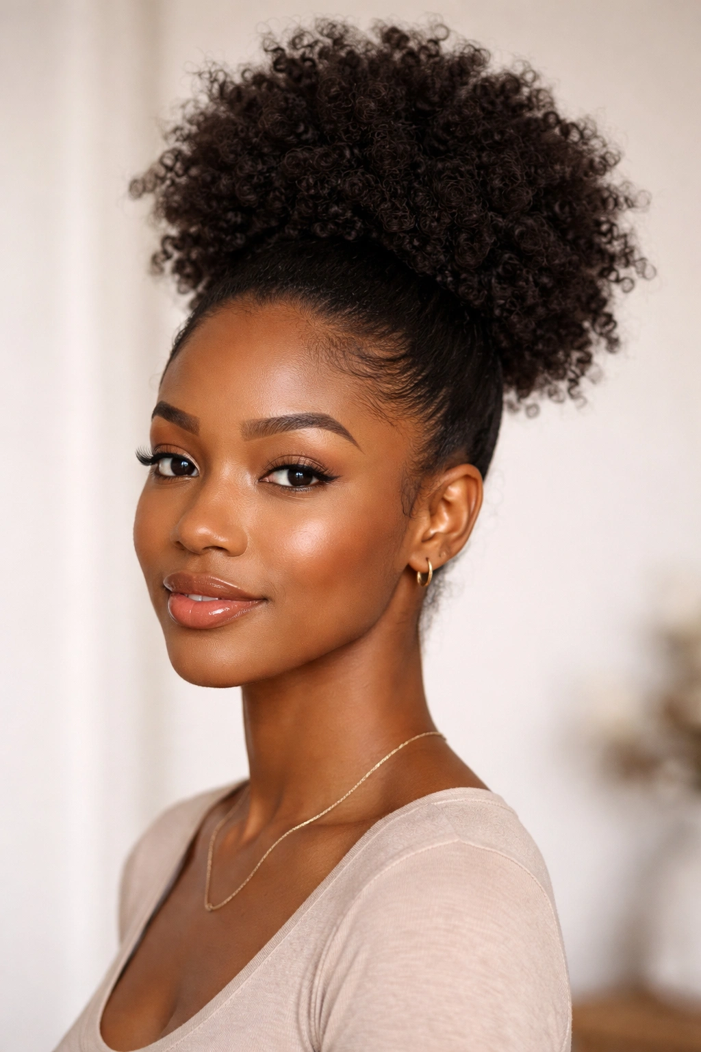Portrait of a person with a high puff at the crown