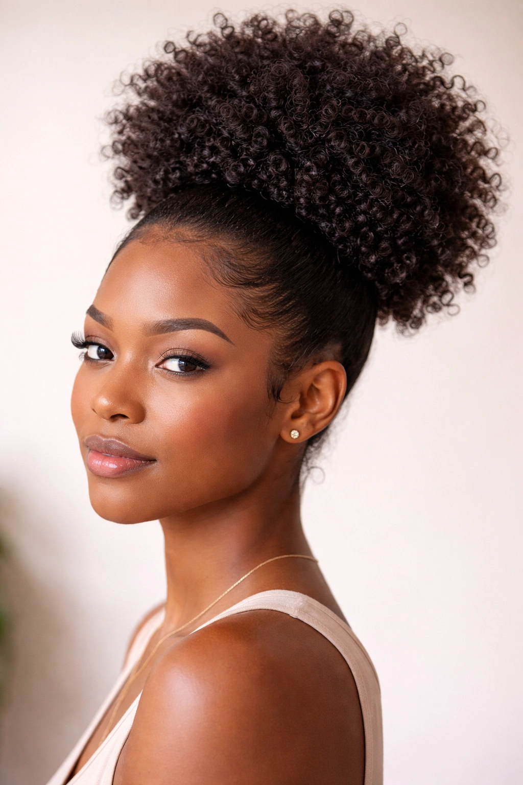 Close-up of a high puff with a defined hairline on short 4A curls in a studio setting
