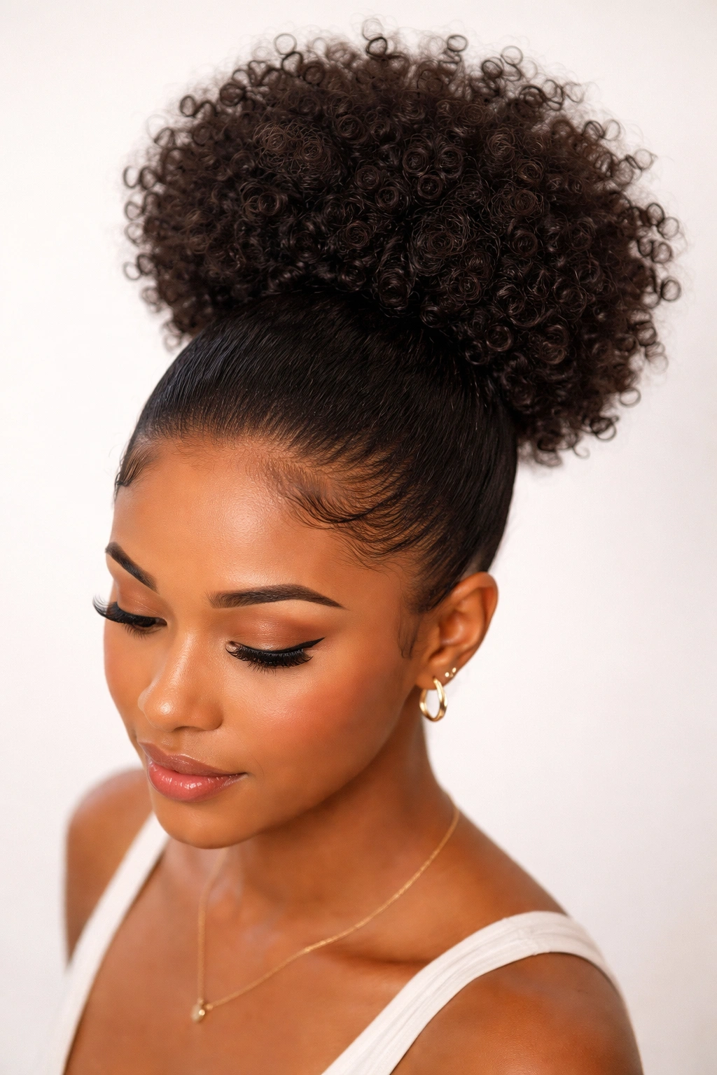 High puff hairstyle with soft edges and defined curls