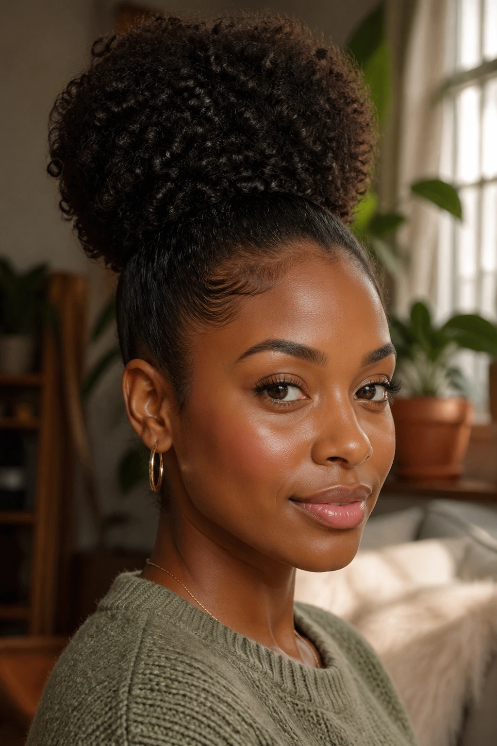 Real woman with a high puff hairstyle in a softly lit room.