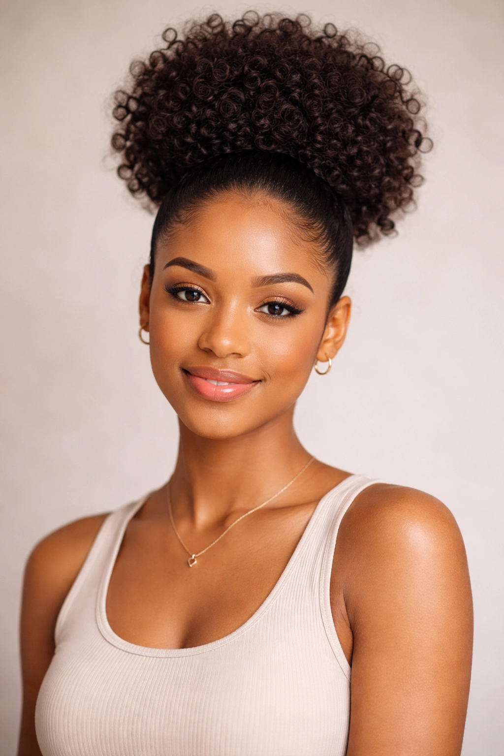 High puff hairstyle with smooth base and voluminous curls