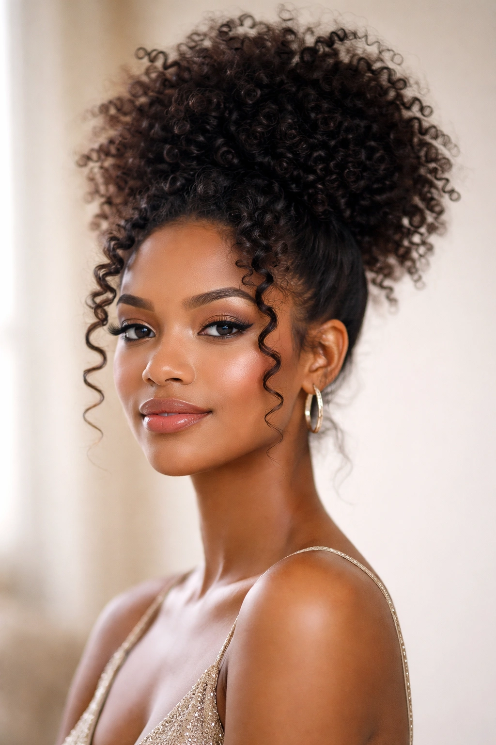 High puff curly hairstyle with face-framing spirals emphasizing crown lift