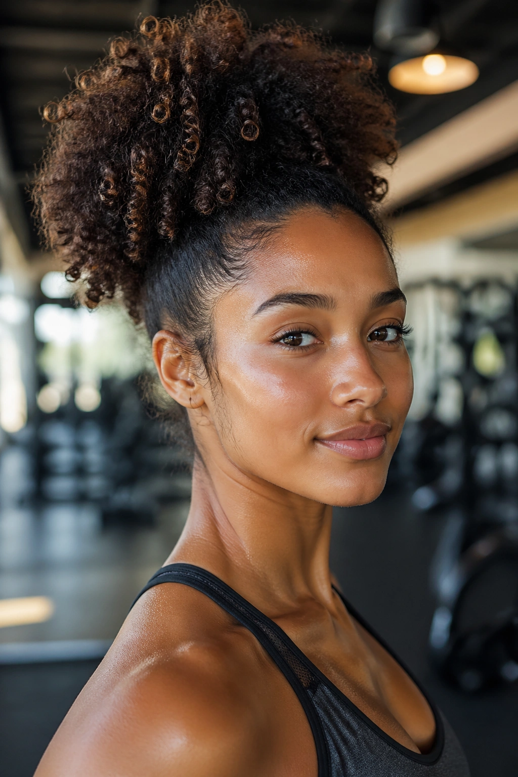 Close-up of a real woman with a high puff keeping curls off the neck in a gym.