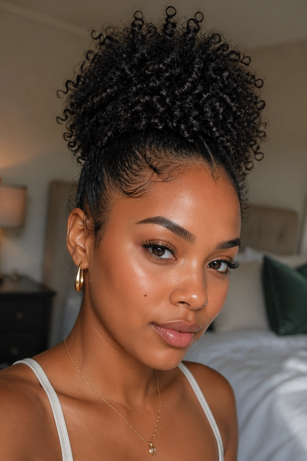 Close-up of a real woman with a high puff and curly extensions at the crown