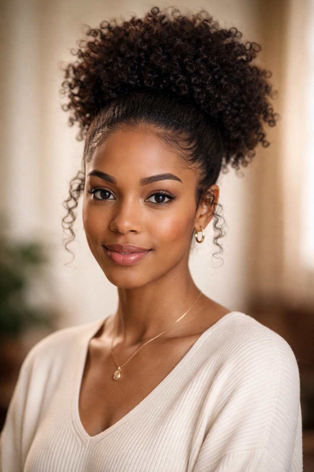 Close-up of a high puff hairstyle with crown-drawn hair and face-framing curls