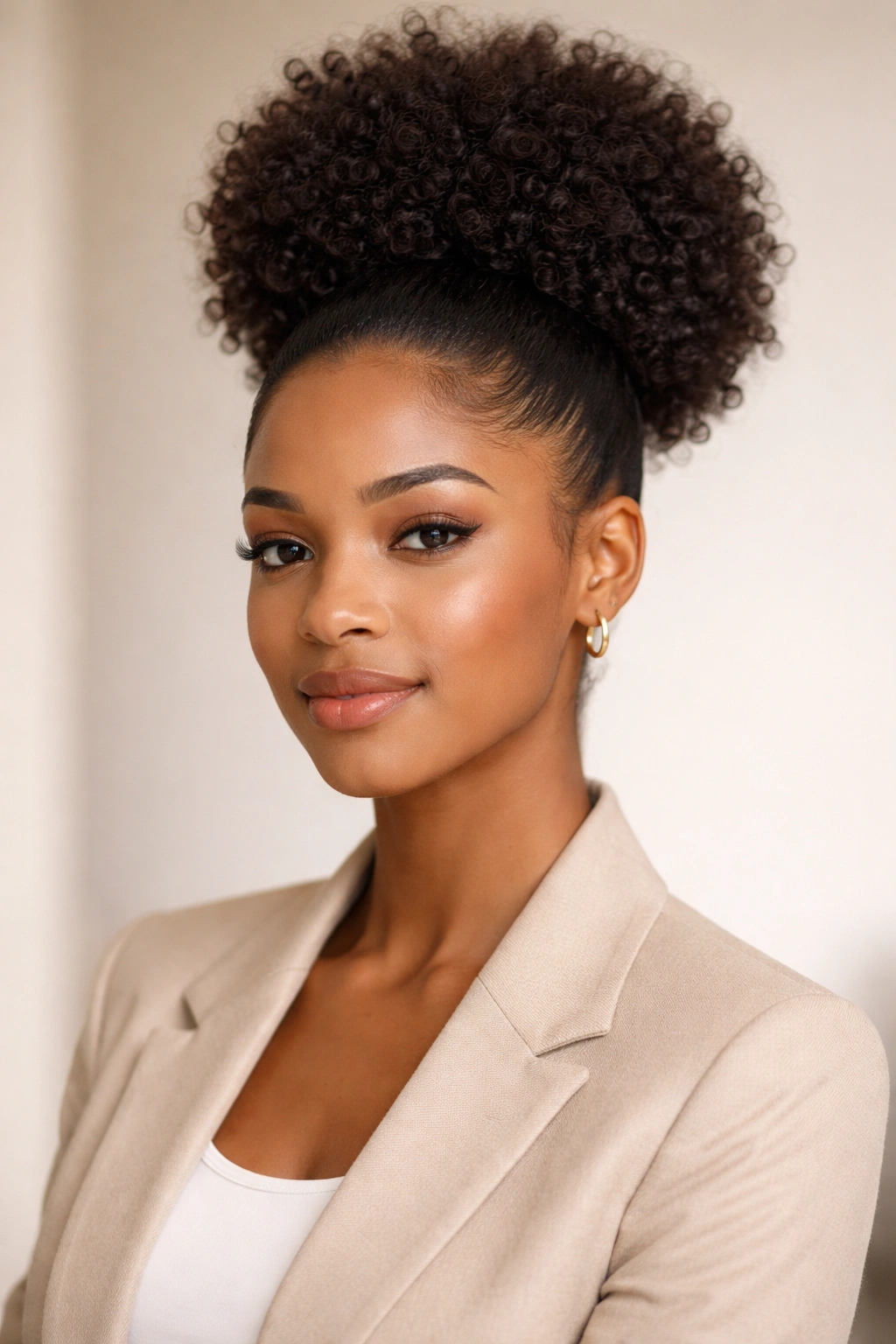 High puff hairstyle with sleek, calm edges for a polished interview look