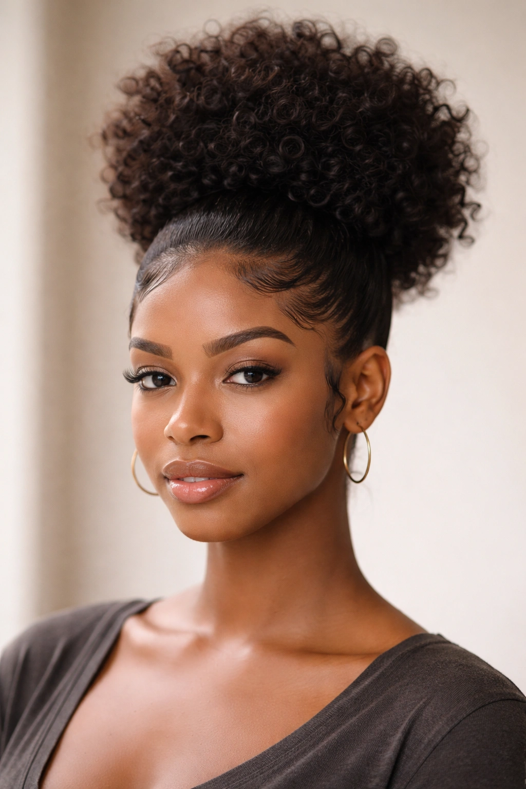 High puff with sculpted swoop edges on curly hair, close-up portrait