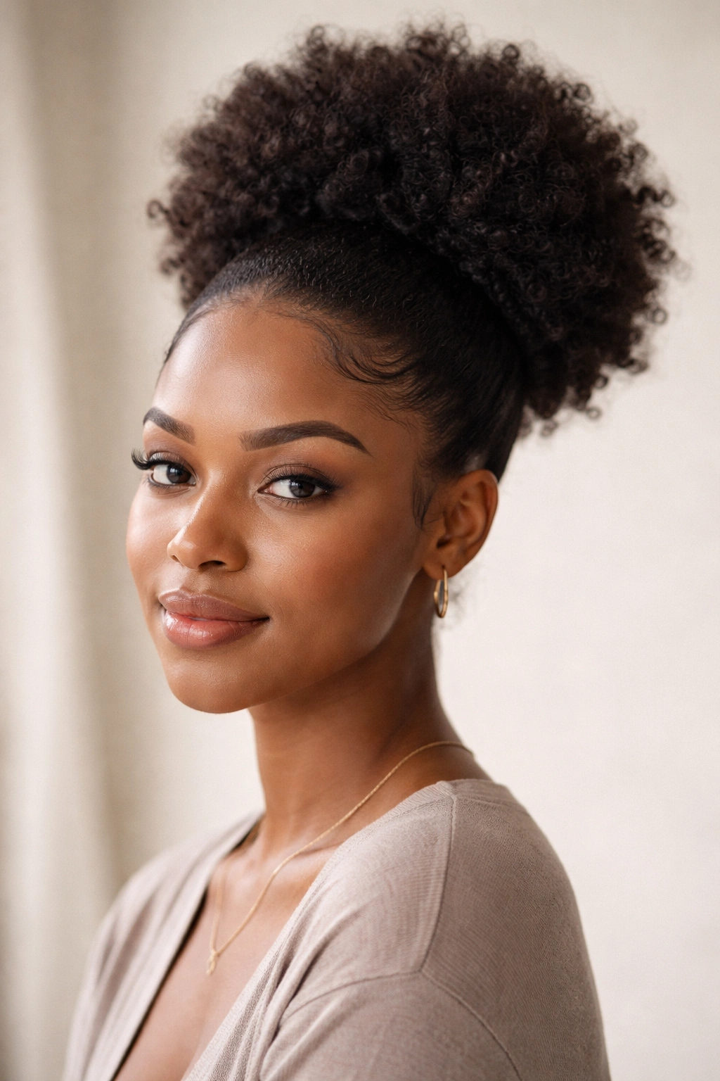 High puff with clean edges on natural hair, highlighting a rounded silhouette