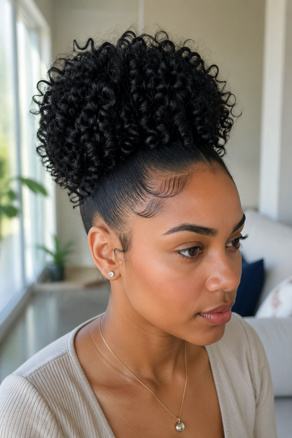 Close-up of a real person with a high, glossy puff and clean roots.
