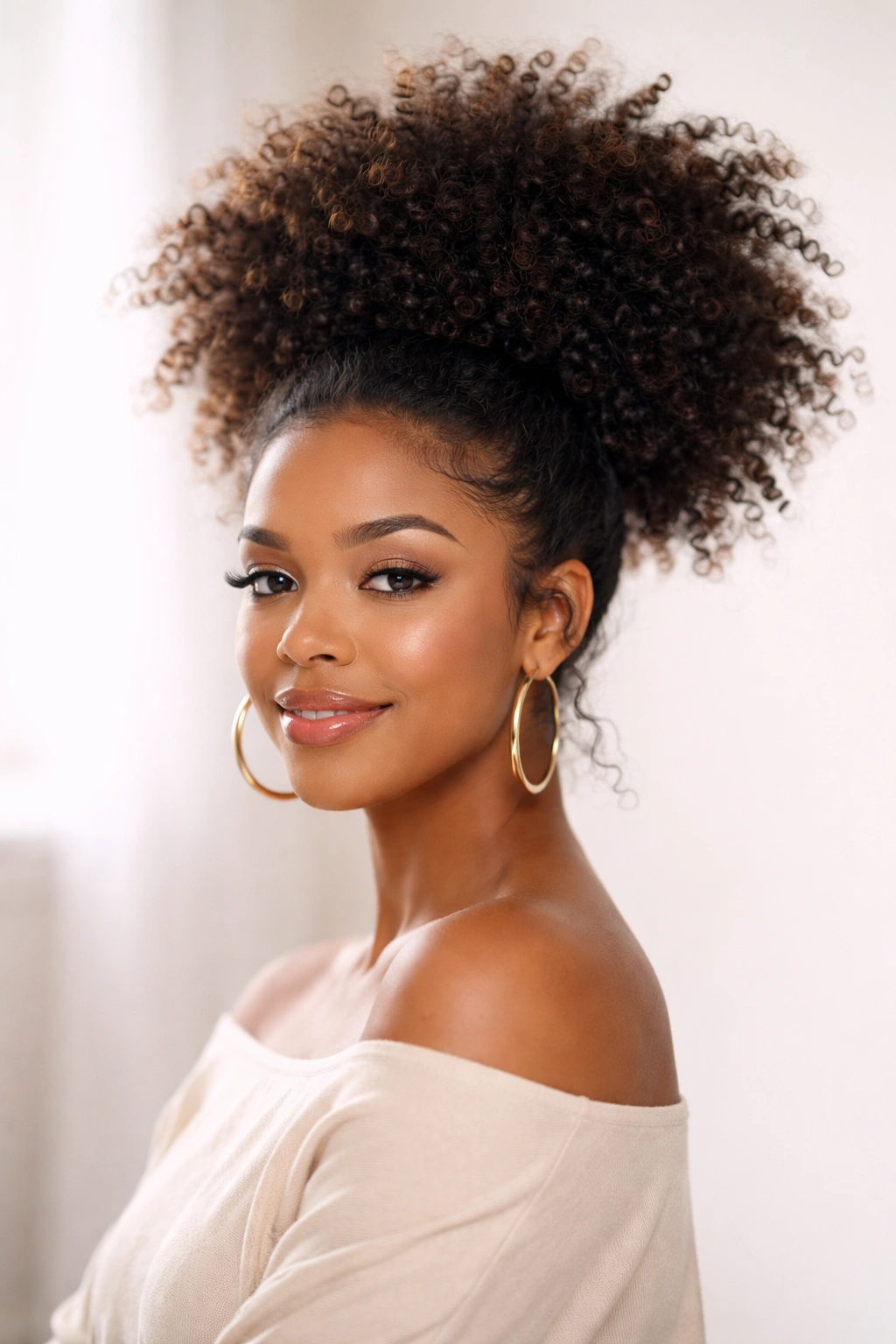 High-volume afro puff at crown with soft edges
