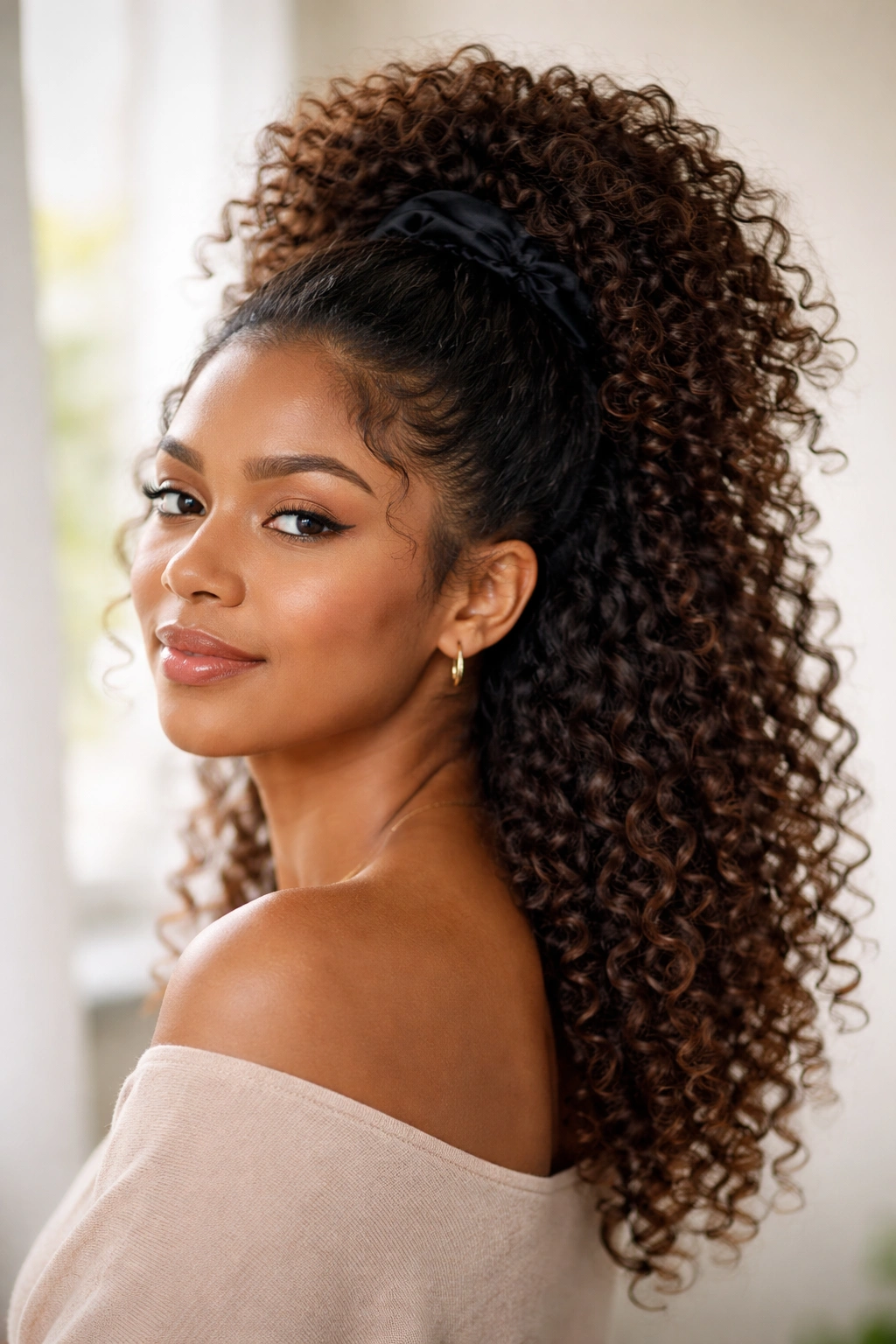 High puff half-up with crown-height puff and loose curls below