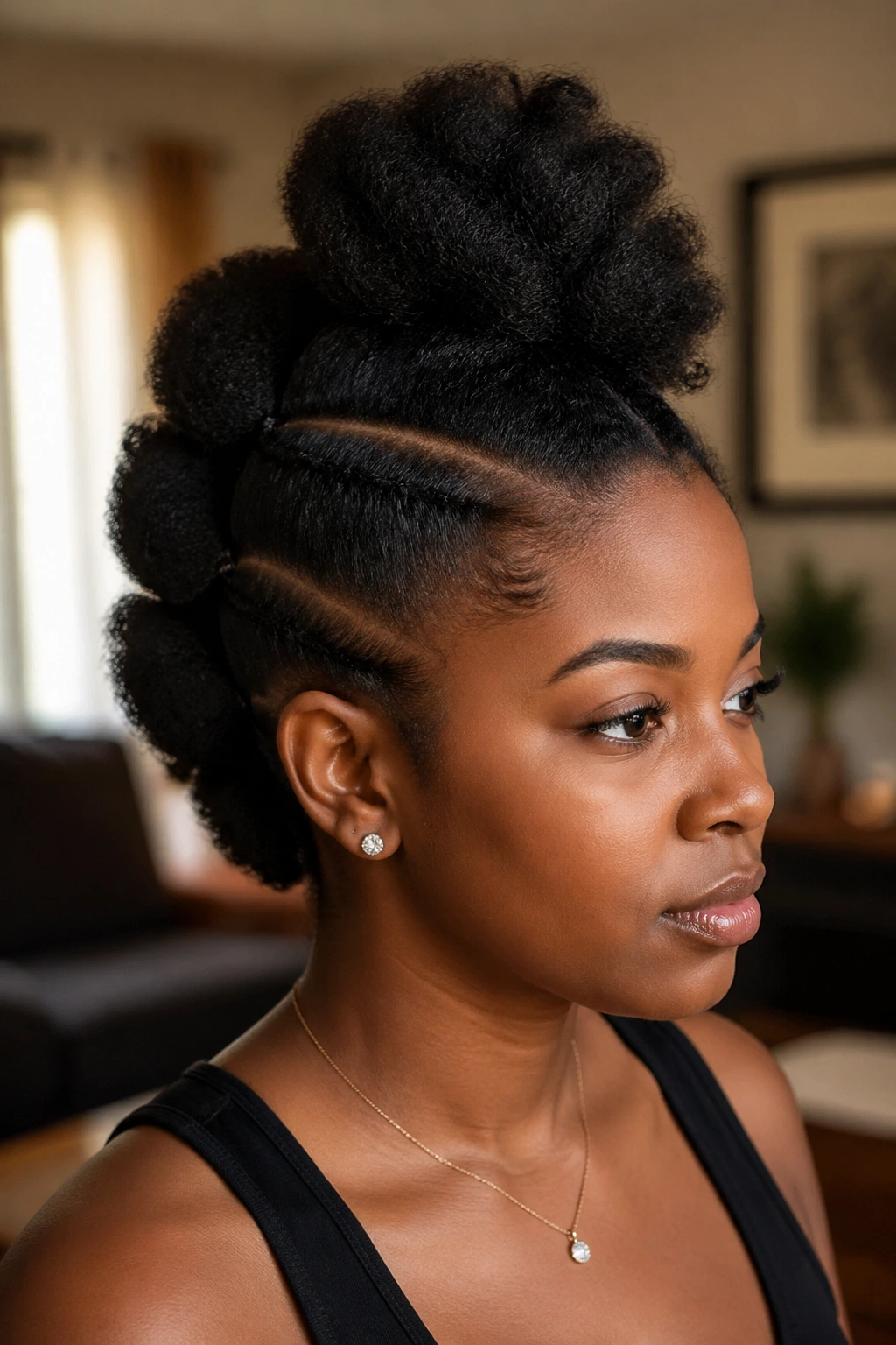 Close-up portrait of a real woman with a high puff faux hawk against a warm living-room backdrop
