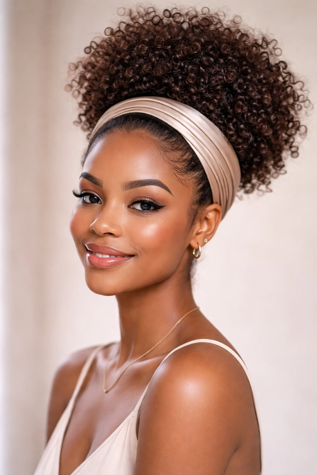 High puff hairstyle with wrapped headband on curly hair