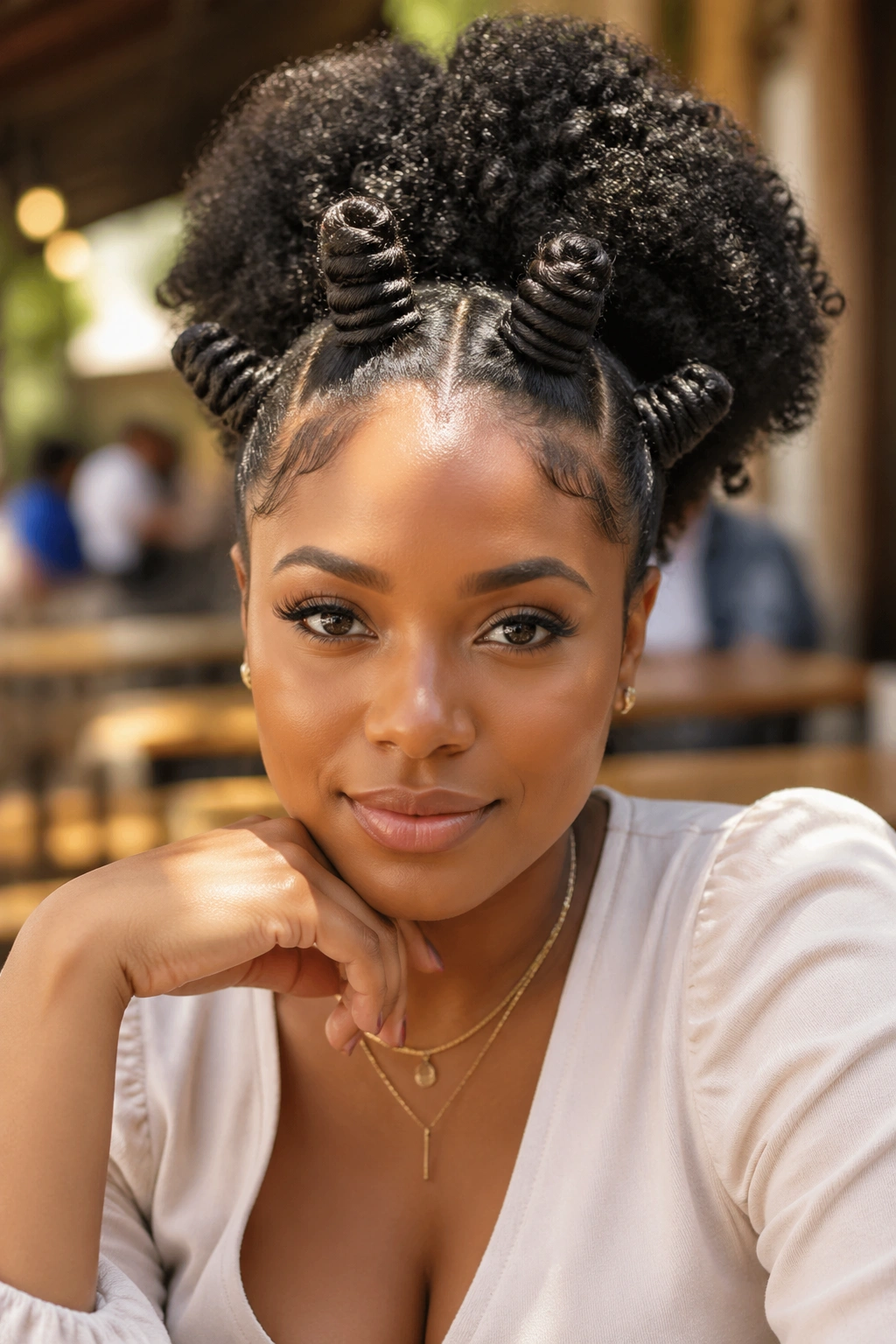 Front portrait of a real woman with high puff-to-knot hybrid hairstyle