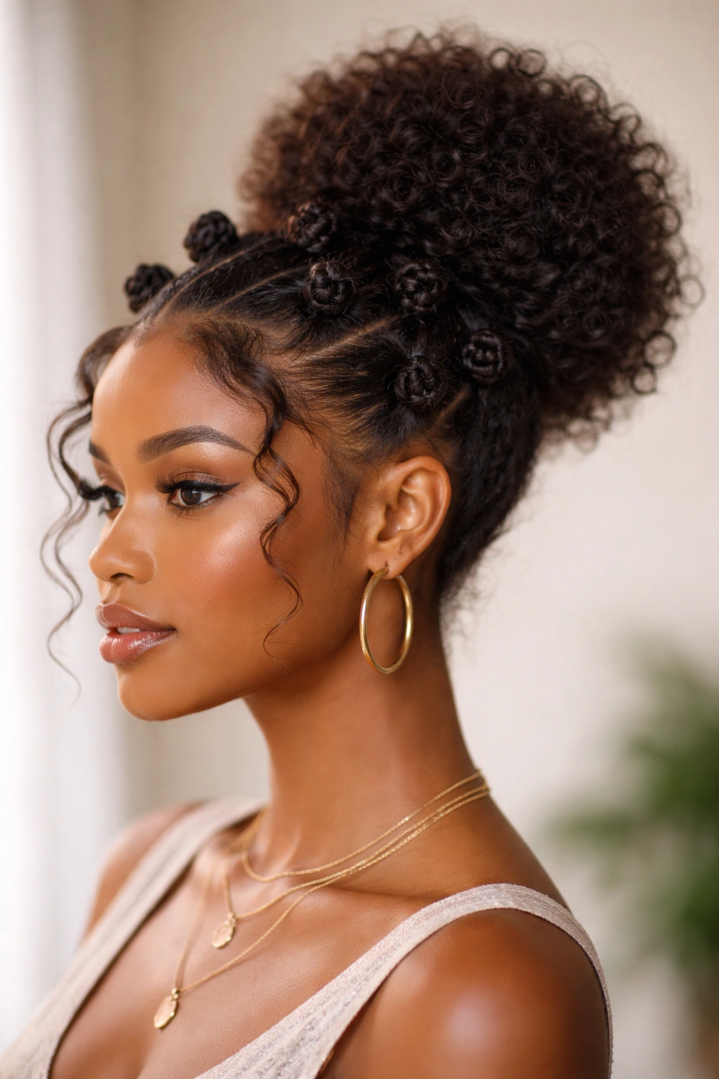 Profile view of high-puff base with knots along the hairline