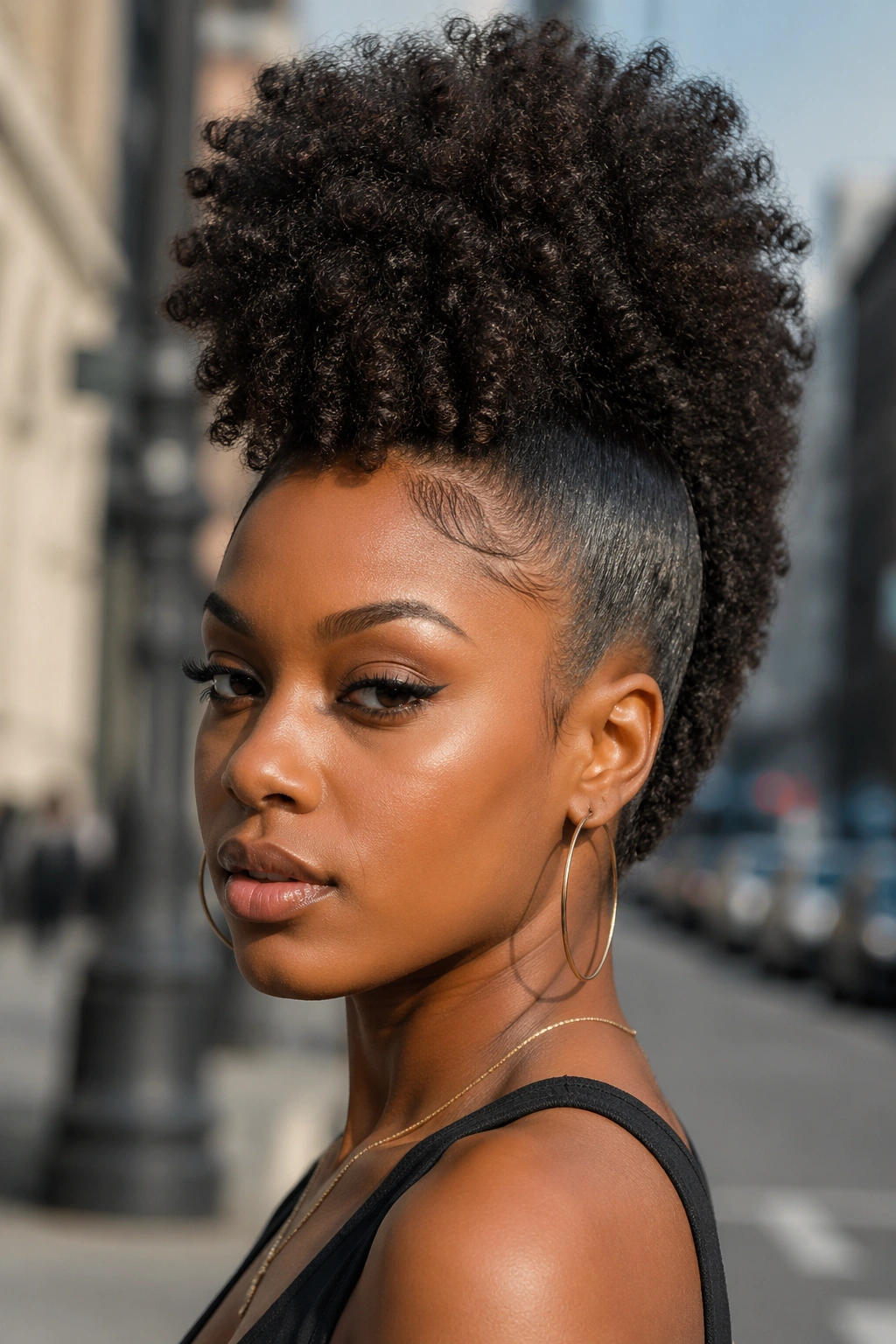 Portrait of a woman with a high puff mohawk and sleek sides