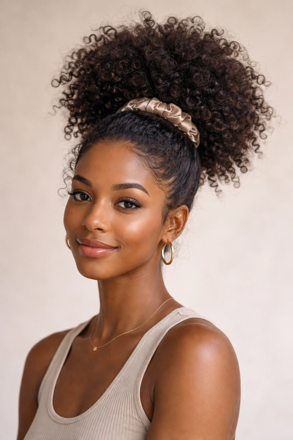 High puff hairstyle on natural curls, travel-ready look