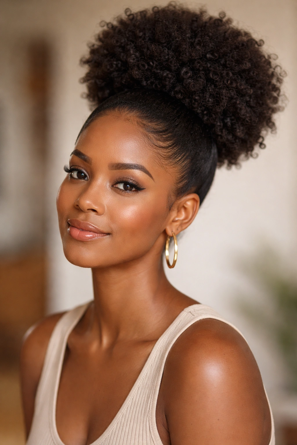 High puff hairstyle with crown lift and polished look