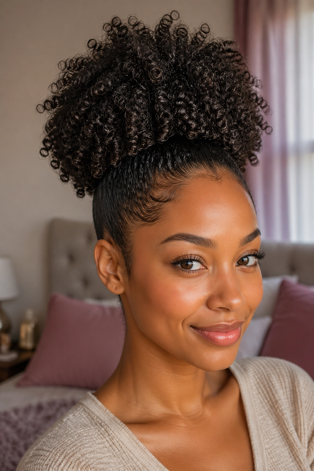 Close-up of a real woman with a voluminous high puff ponytail