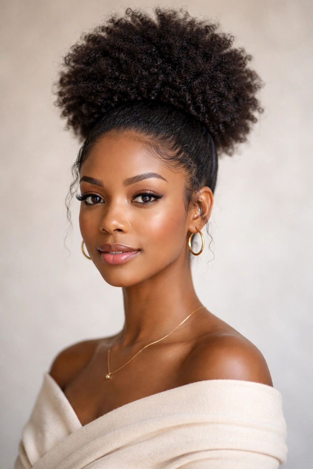 High puff hairstyle with elevated crown and smooth sides.