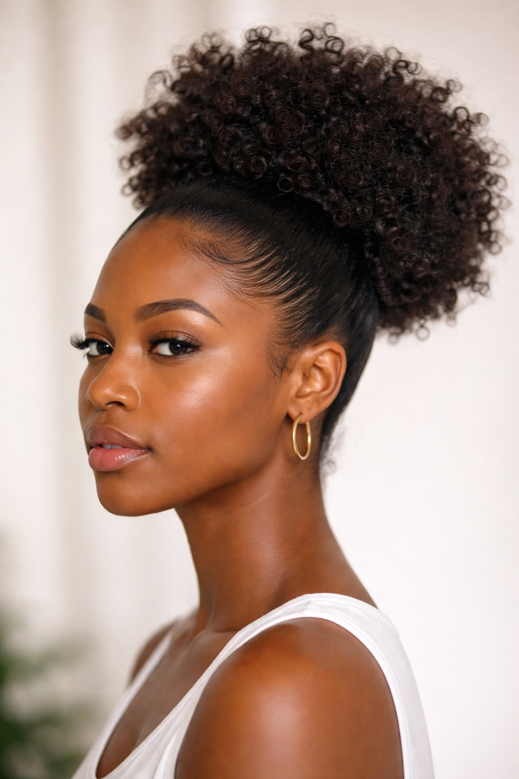 High puff hairstyle with sleek sides and clean edges