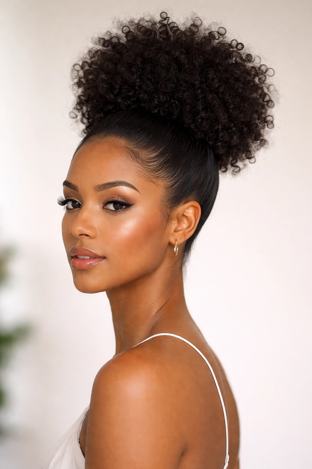High puff hairstyle with sleek sides highlighting cheekbones