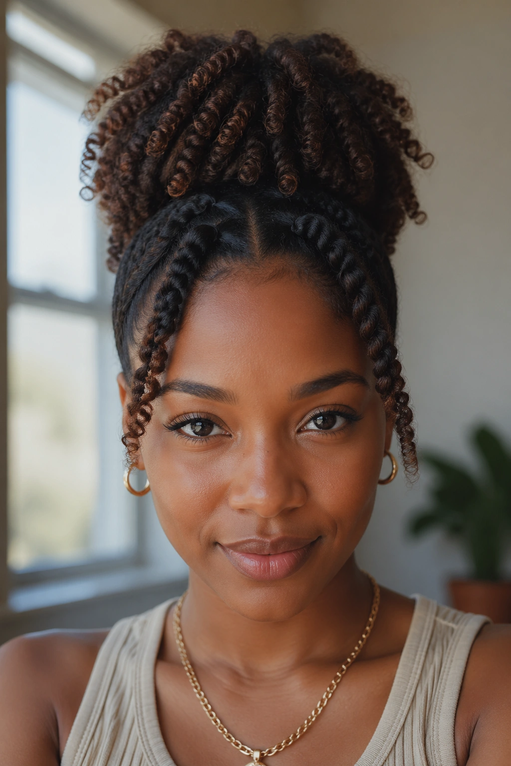 Close-up of a real woman wearing a high puff twist updo with front twists and crown puff
