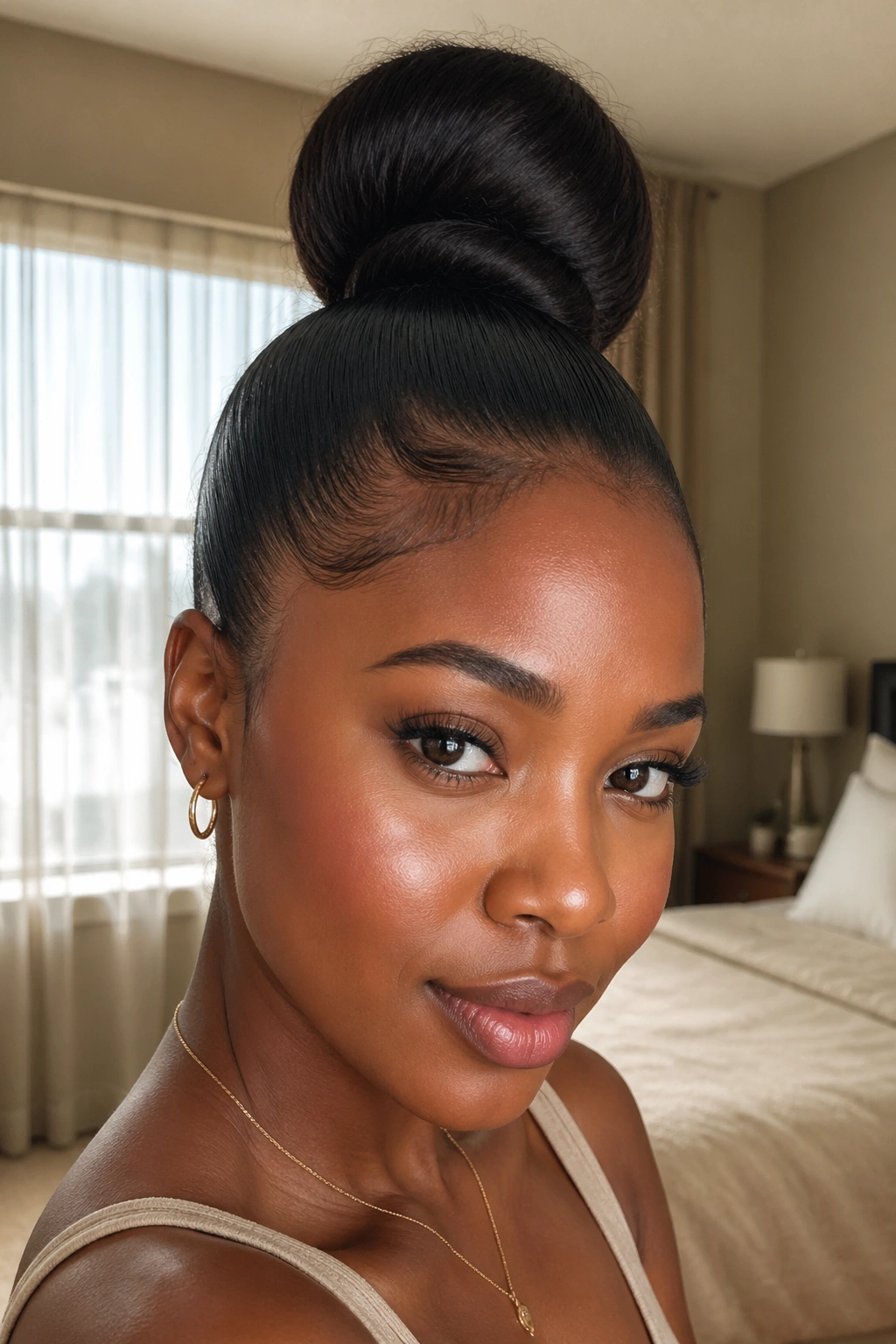 Close-up of a real woman with a high sleek bun, natural window light in a softly lit bedroom.