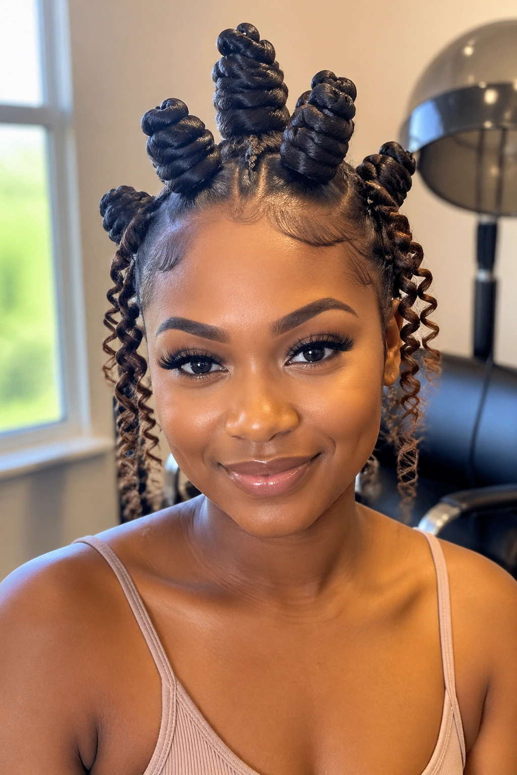 Front portrait of a real person with High-Stacked Bantu Knots and perm-rod curls