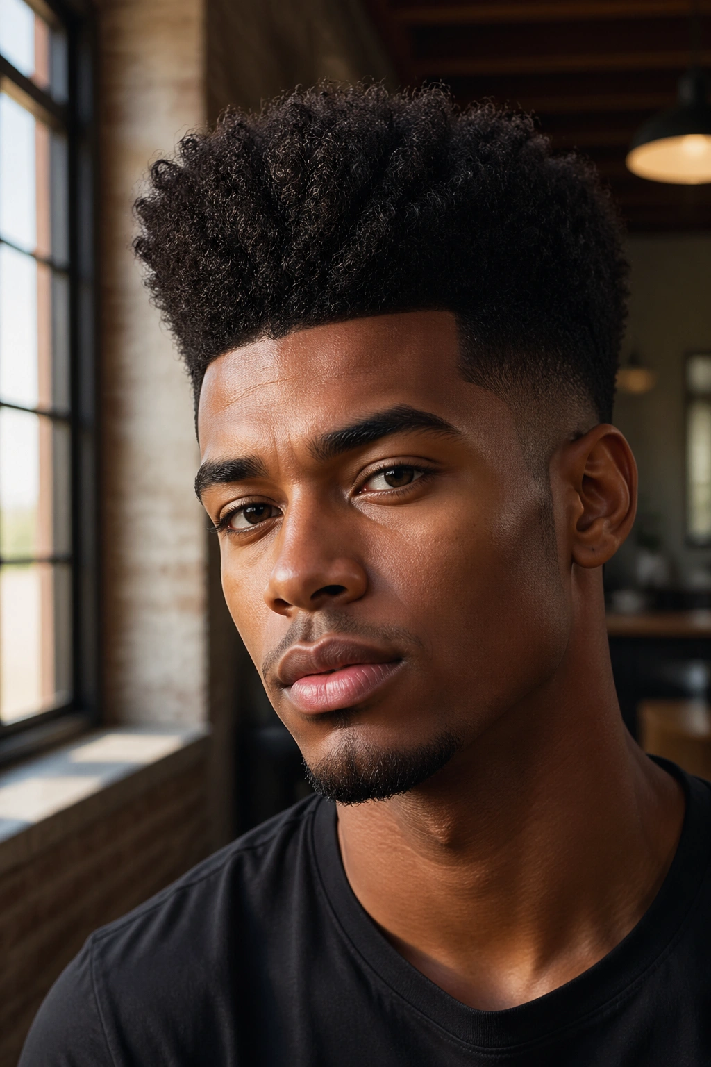 Close-up portrait of a real person with a bold high-top curly afro and faded sides in warm window light