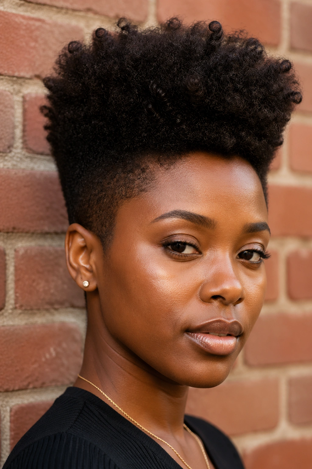 Close-up portrait of a real woman with a high-top curly afro