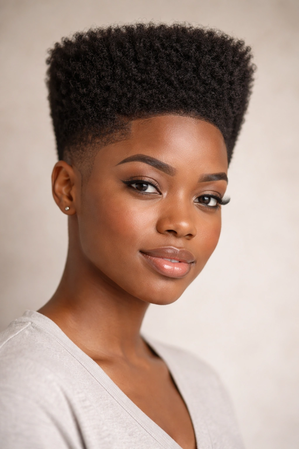 High-top mini afro with squared top and tight sides showing vertical silhouette