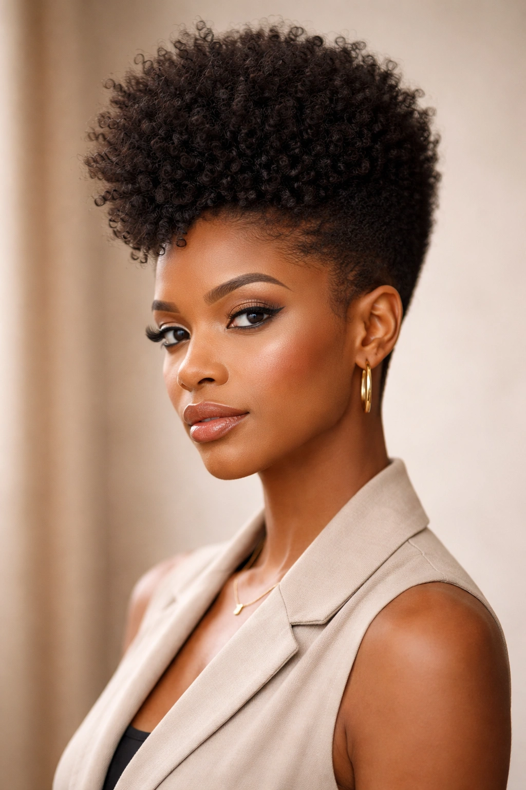 Portrait of a person with a high-top tapered Afro showing tall crown and tapered sides.