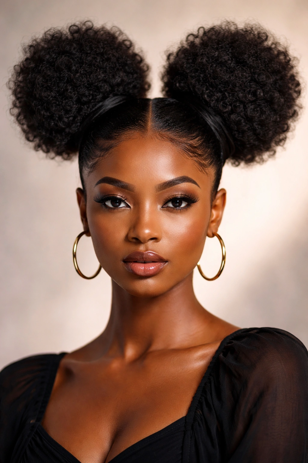 High-Volume Stretched Afro Space Buns with dramatic height and parting