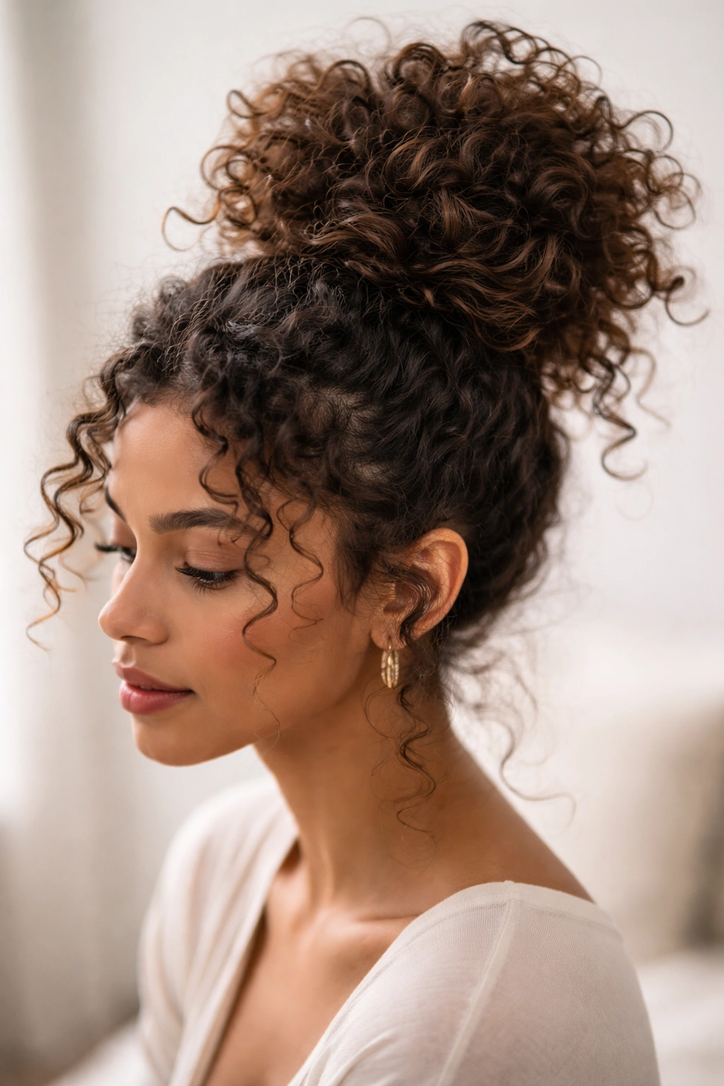 High-volume top knot on thick curls with ends fanning for volume