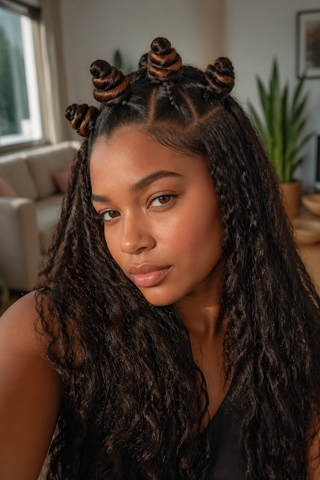 Long hair with highlighted front crown knots in Bantu knot style.