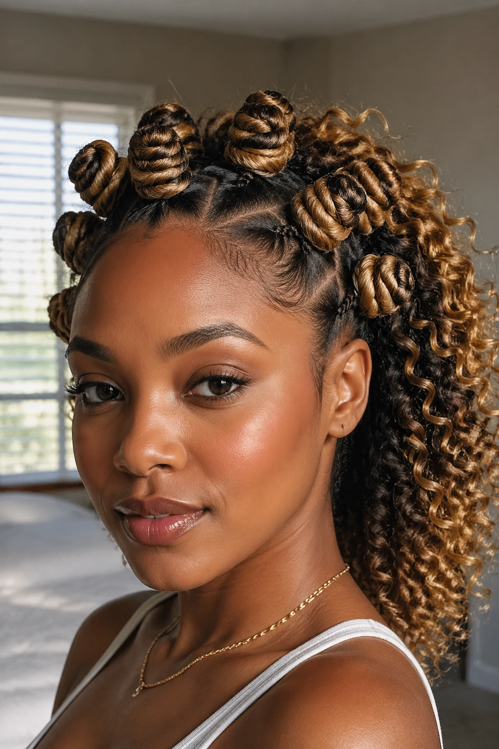 Close-up portrait of a real woman with honey blonde Bantu knots and dimensional back curls.