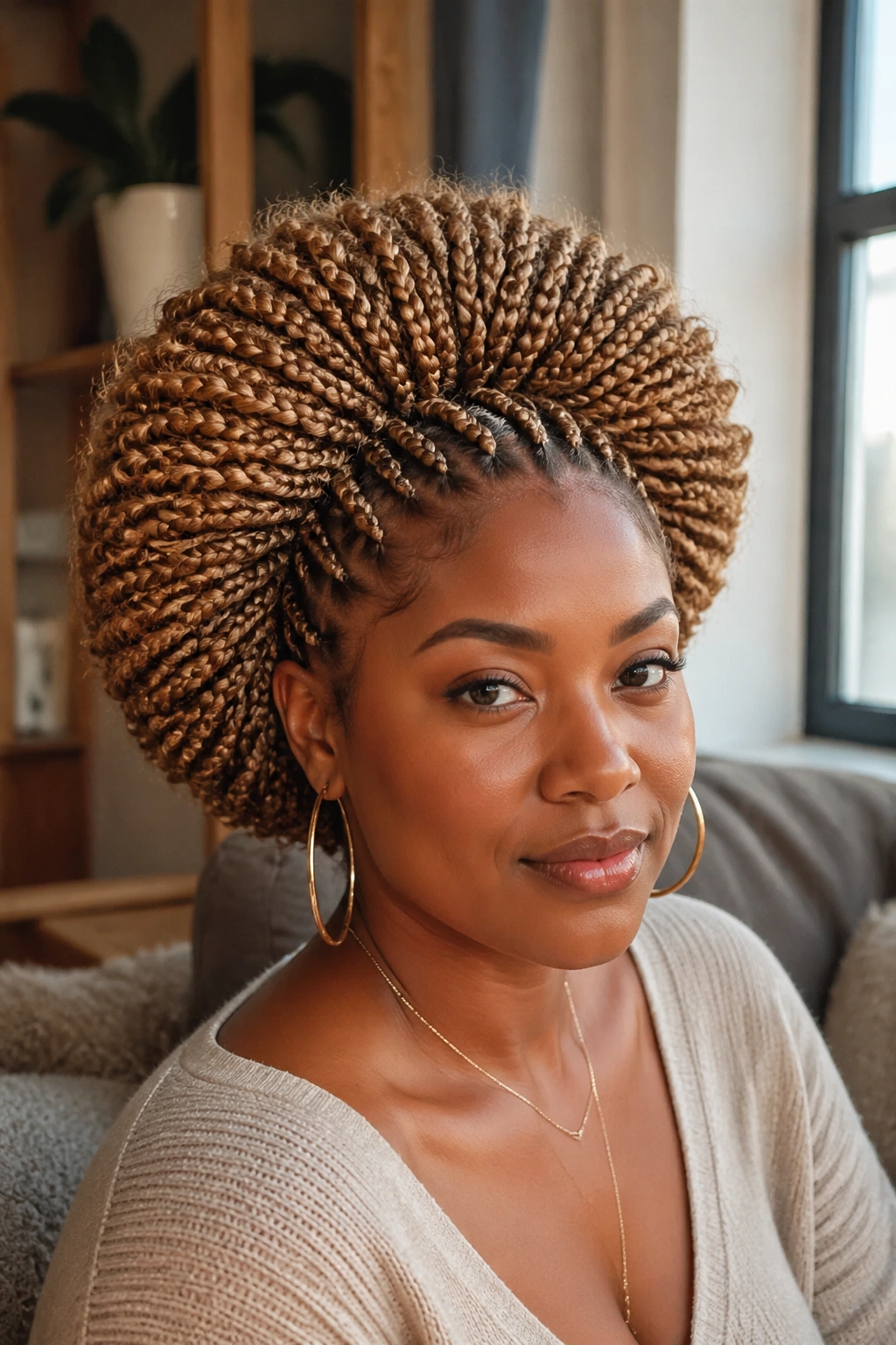 Close-up of a real woman with honey blonde box braids in a rounded Afro shape