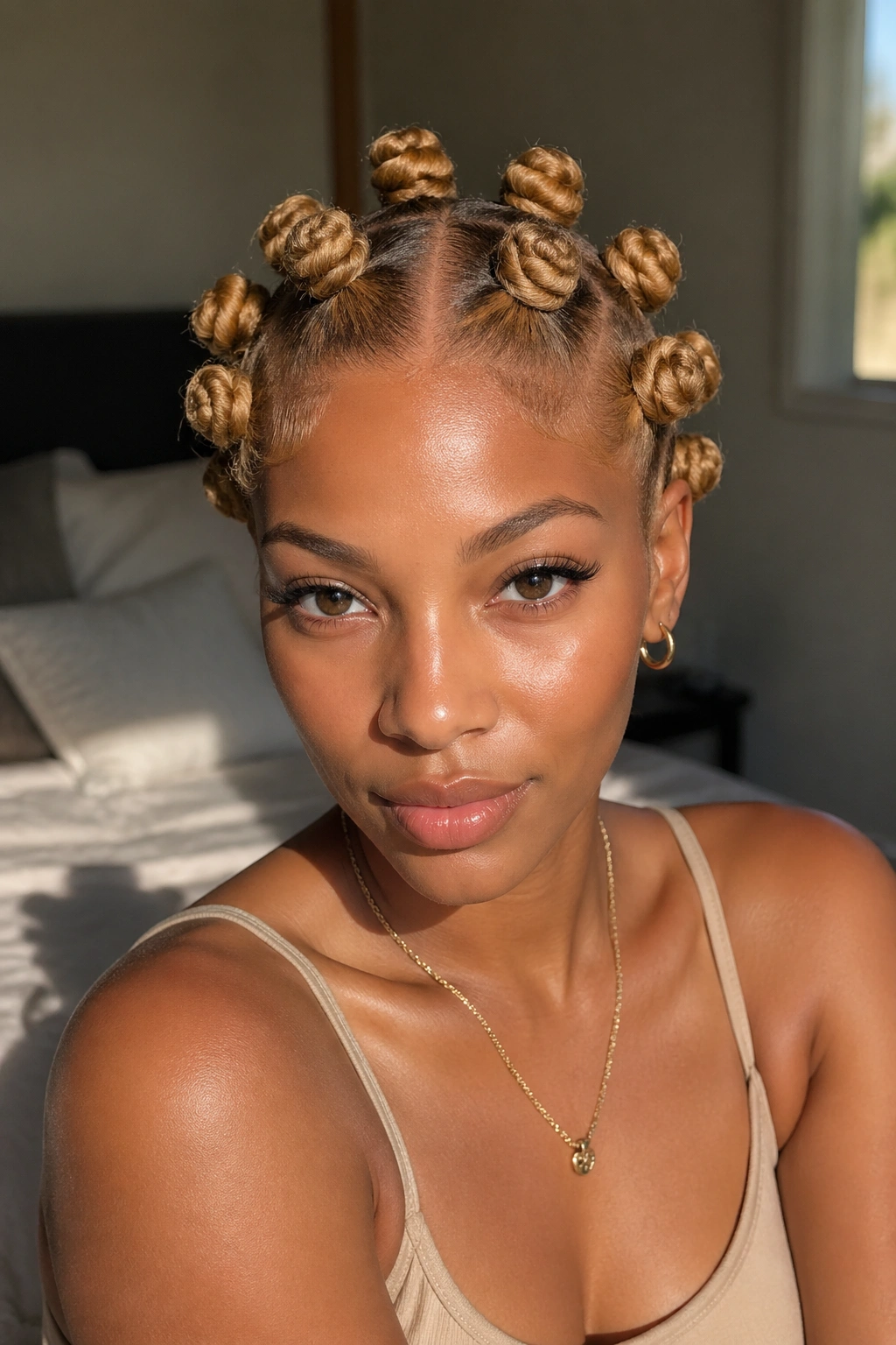Close-up of real woman with honey blonde Bantu knots centered part filling the frame