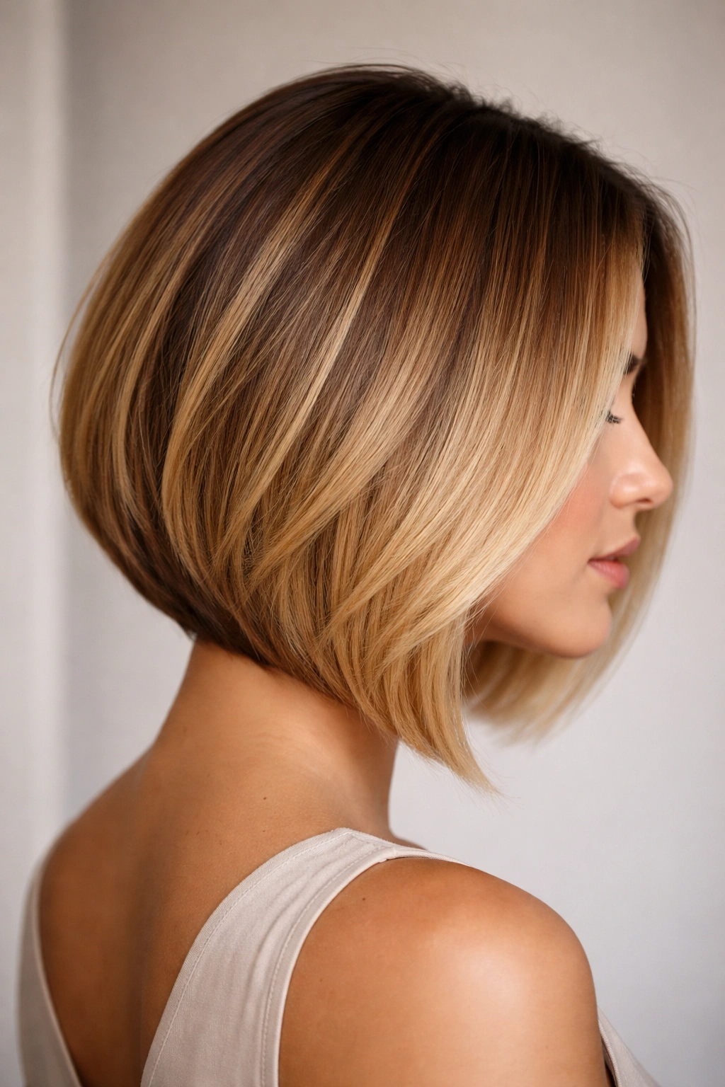Close-up of a glossy honey blonde ombre on an A-line bob showing diagonal color flow