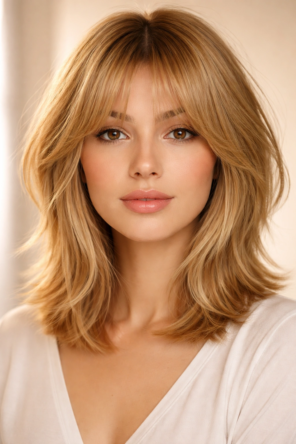 Honey blonde wolf cut bob with curtain bangs and soft crown lift