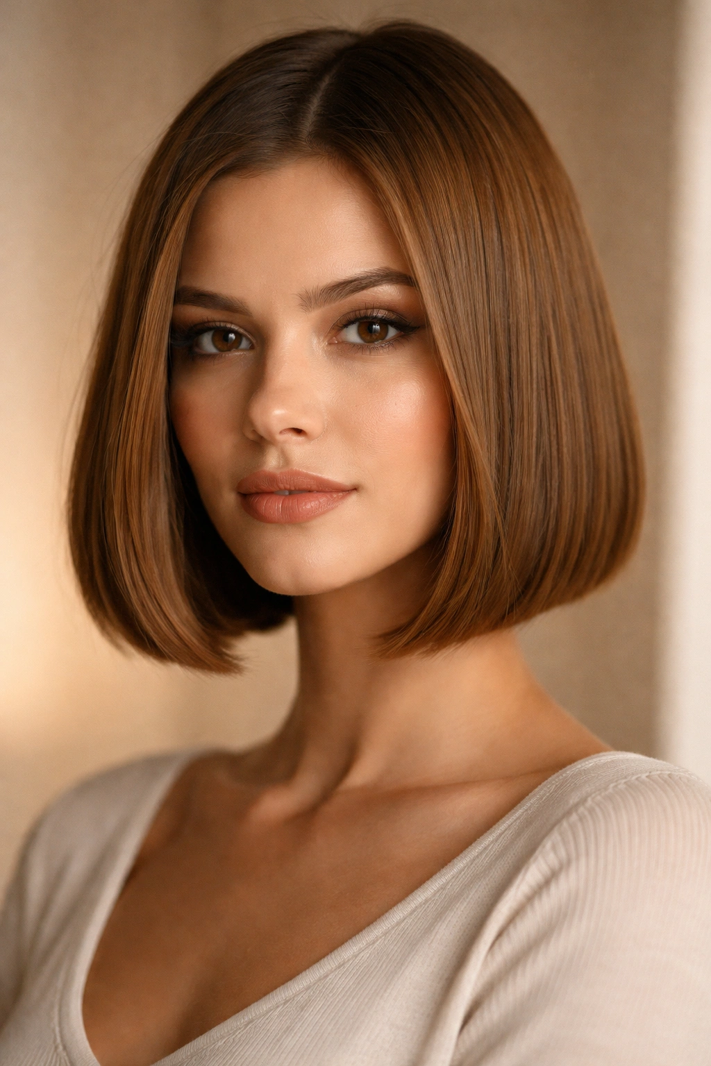 Close-up portrait of chin-length blunt bob with honey-brown finish and soft bevel