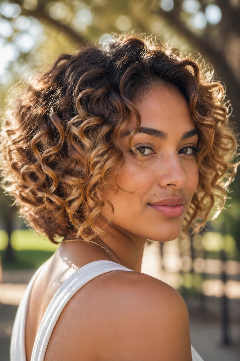 Close-up of a real woman with honey gold balayage on a curly bob in a sunlit park