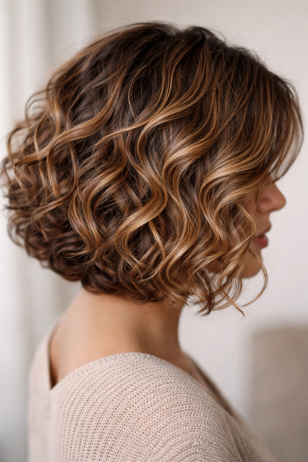 Curly bob with honey and wheat highlights that accentuate curl texture