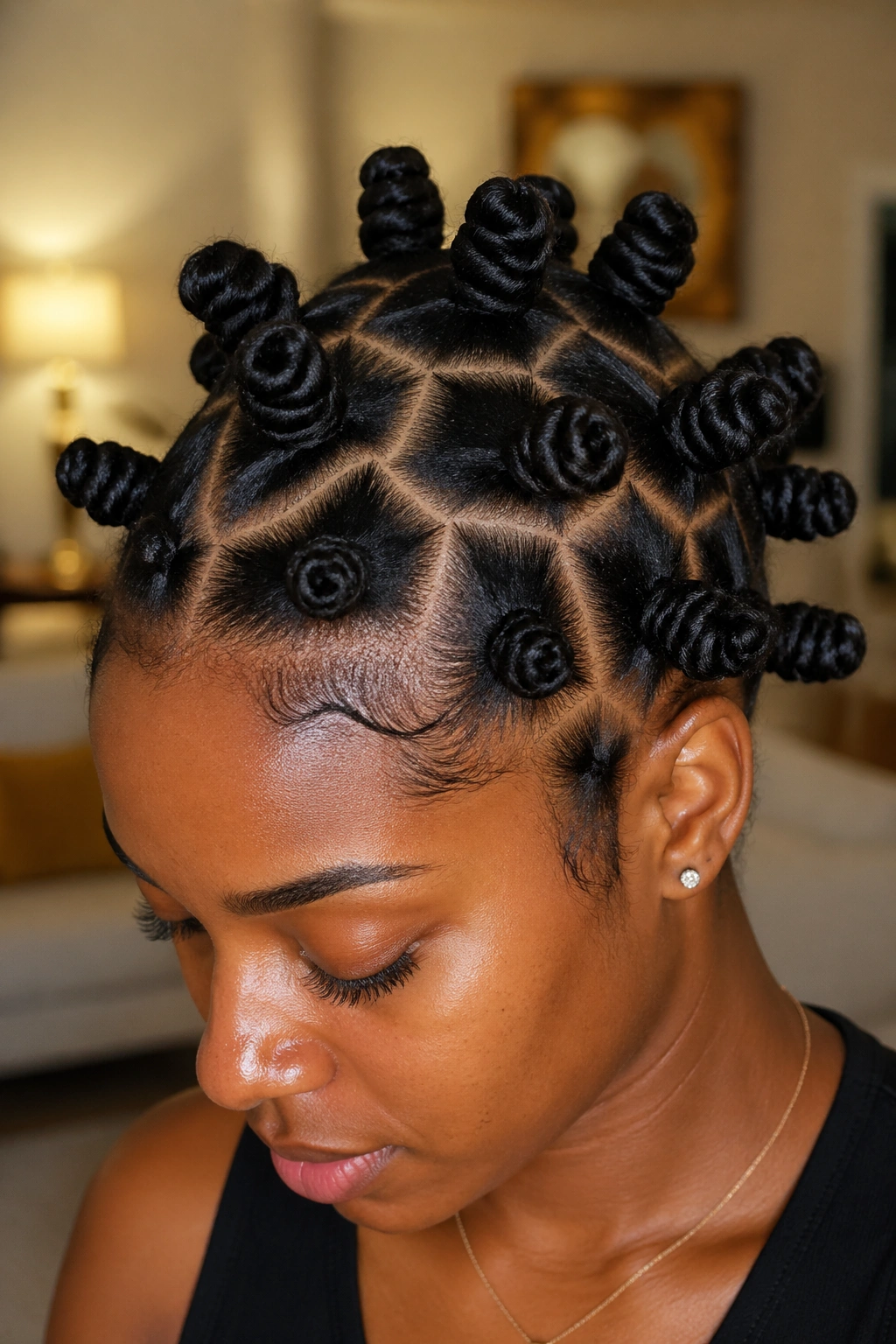 Close-up honeycomb pattern with hexagonal sections on scalp