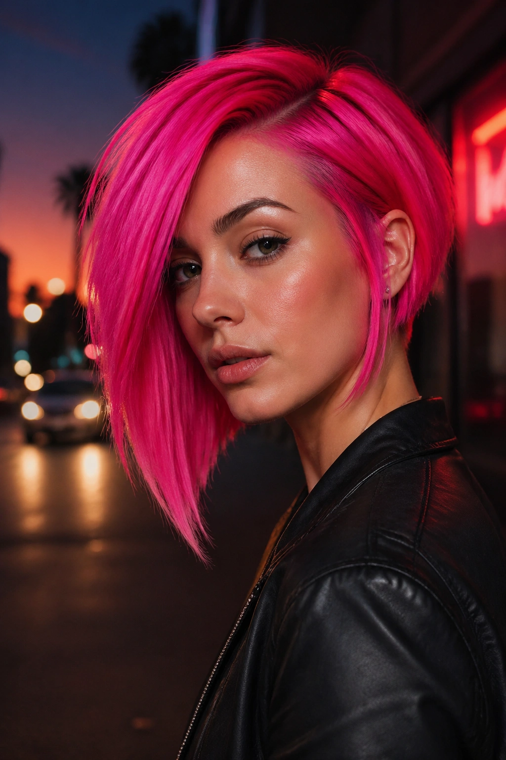 Close-up of a real person with a hot pink asymmetrical bob on an urban street at dusk