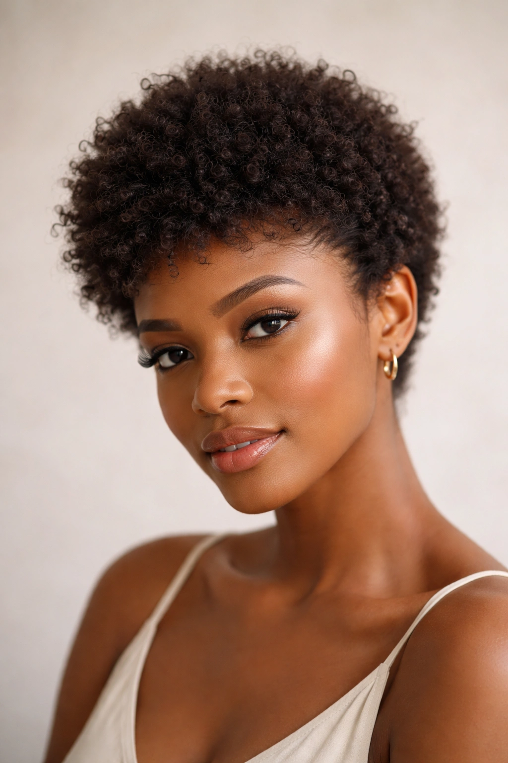 Close-up of a human-hair blend TWA with soft ends showing natural movement