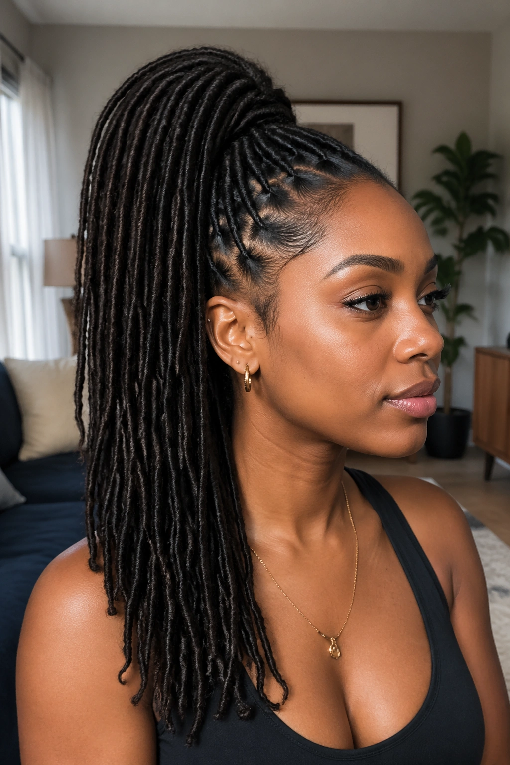 Close-up of real woman wearing a human hair loc ponytail extension.