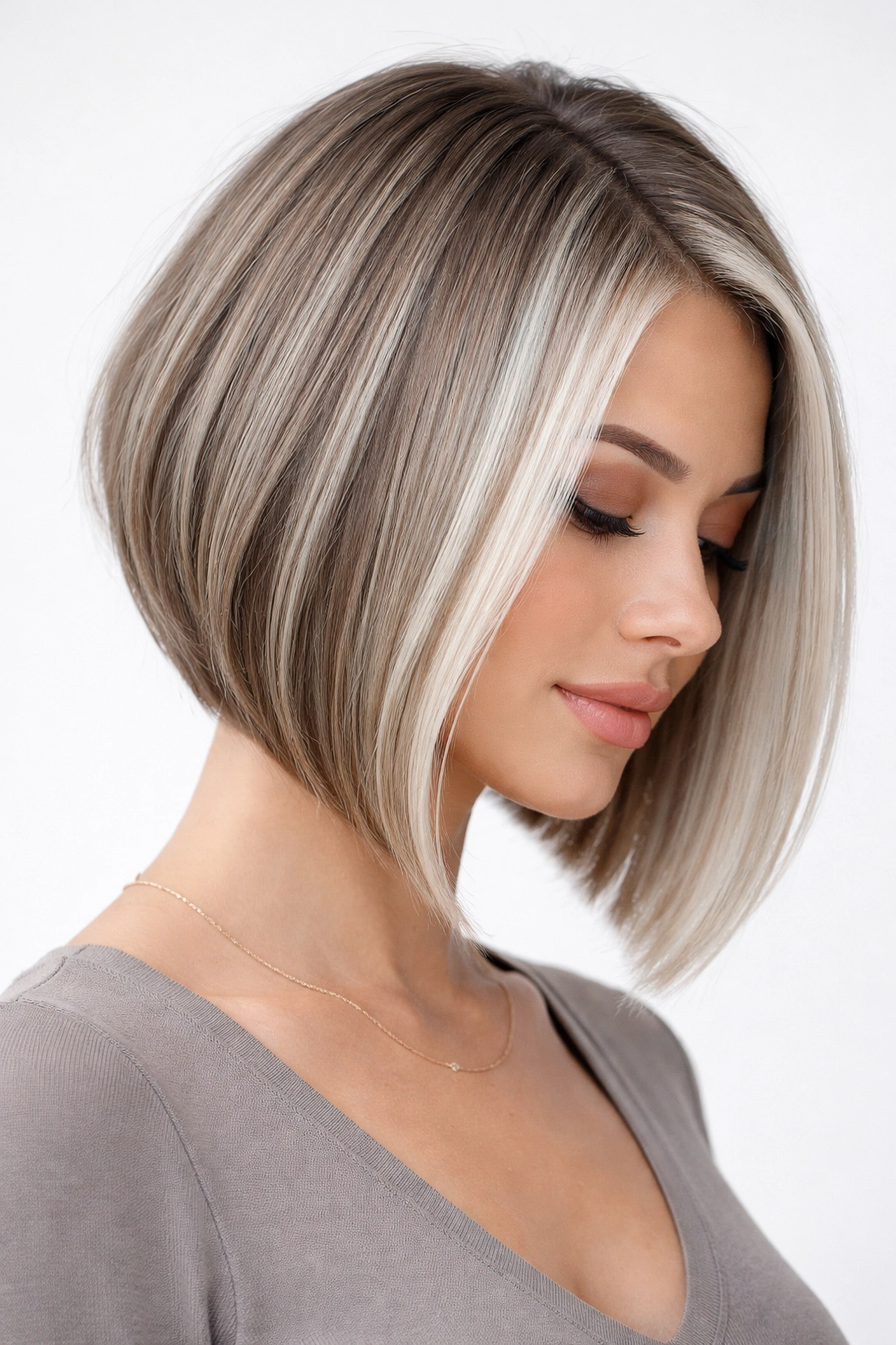 Angled A-line bob with ice blonde money pieces