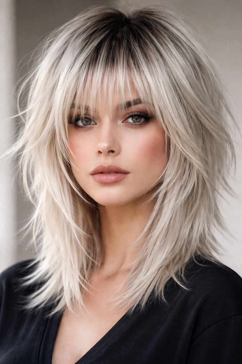 Close-up of an ice-platinum wolf cut bob with a choppy fringe and root shadow